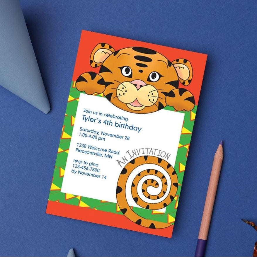 Jungle Animals Tiger Birthday Invitation, Yellow Pattern