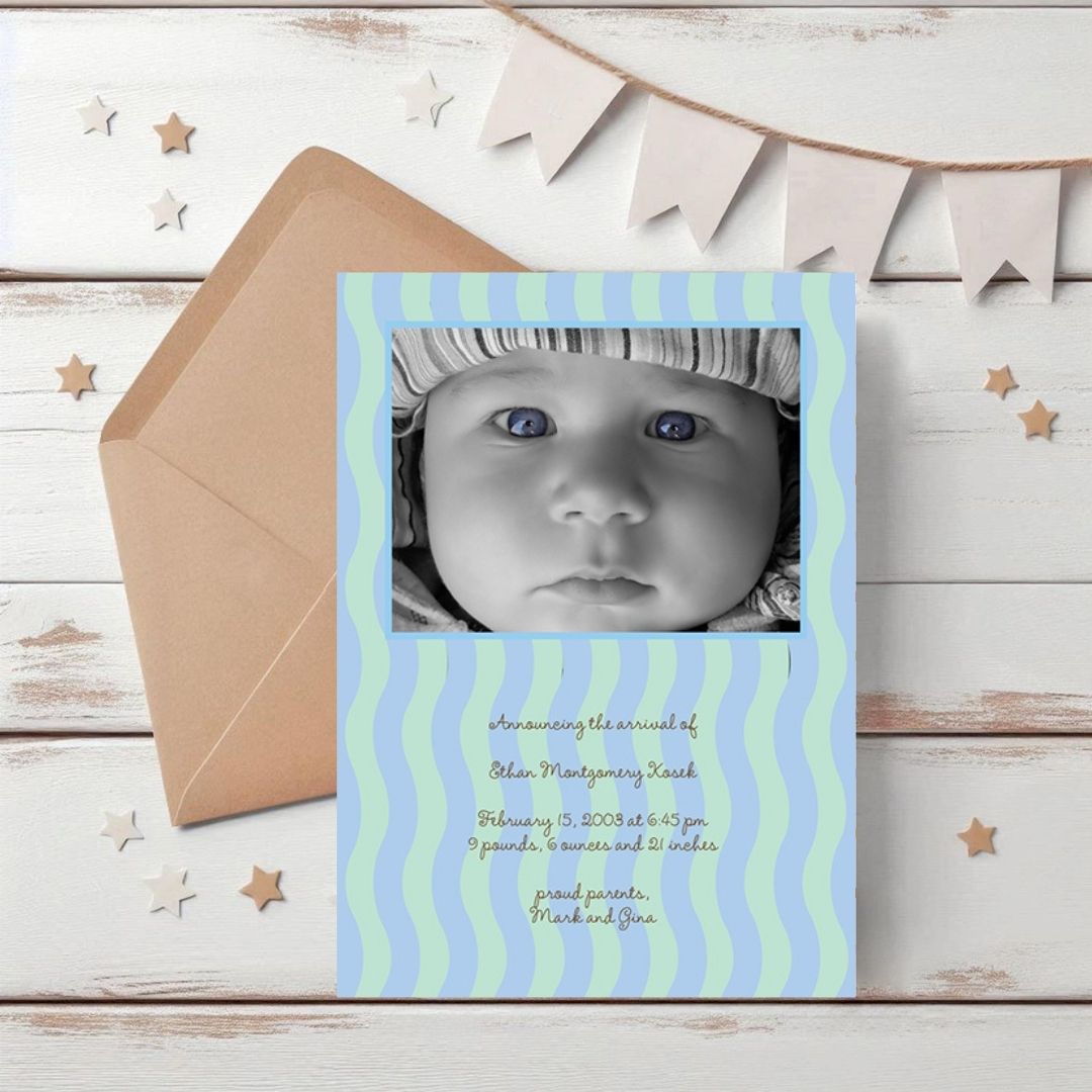 Wavy Stripes - Blue & Green Birth Announcement
