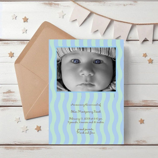 Wavy Stripes - Blue & Green Birth Announcement