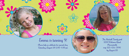Floating Flowers with Blue Birthday Invitation
