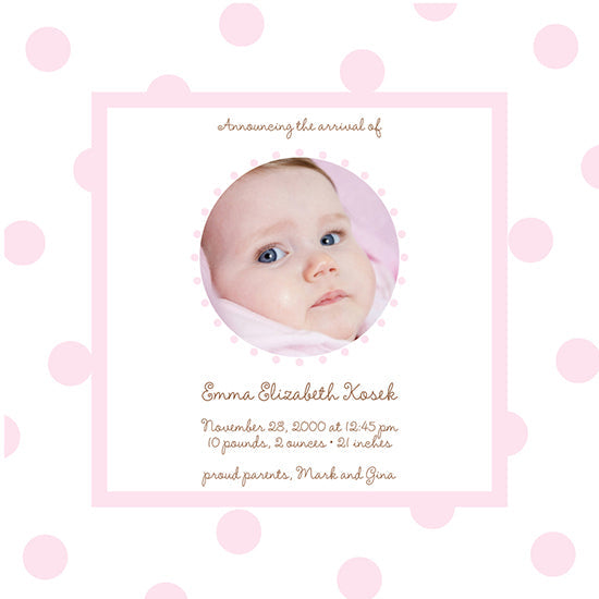 Powder Pink Polka Dots Birth Announcements
