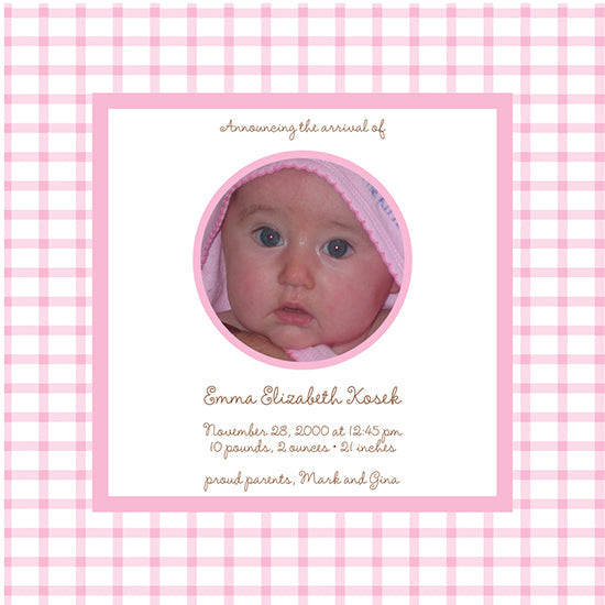 Powder Pink Gingham Birth Announcements