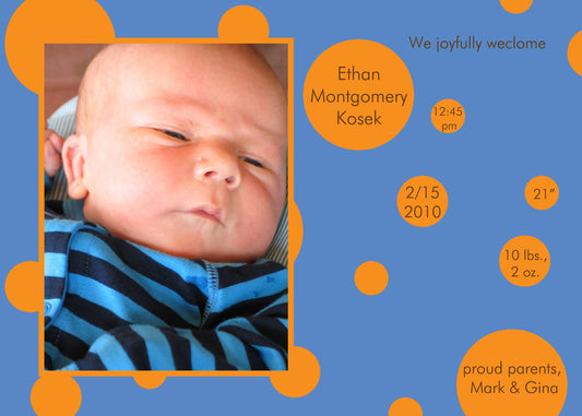 Blue with Orange Circles Birth Announcements