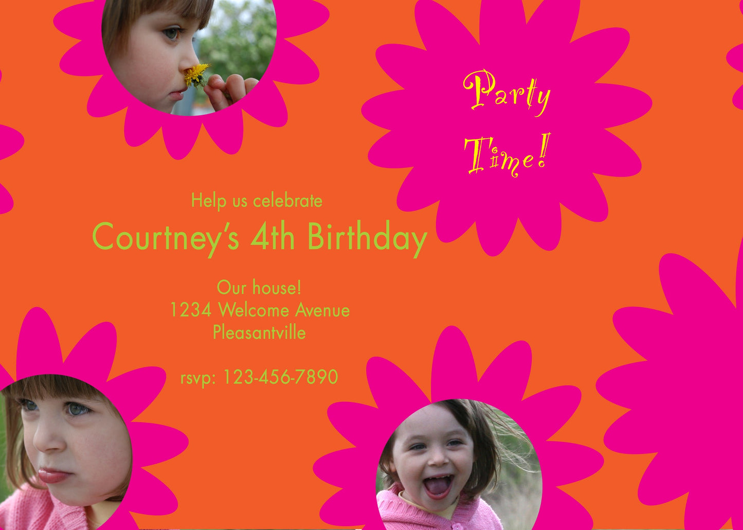 Retro Magenta Flowers Birthday Invitation