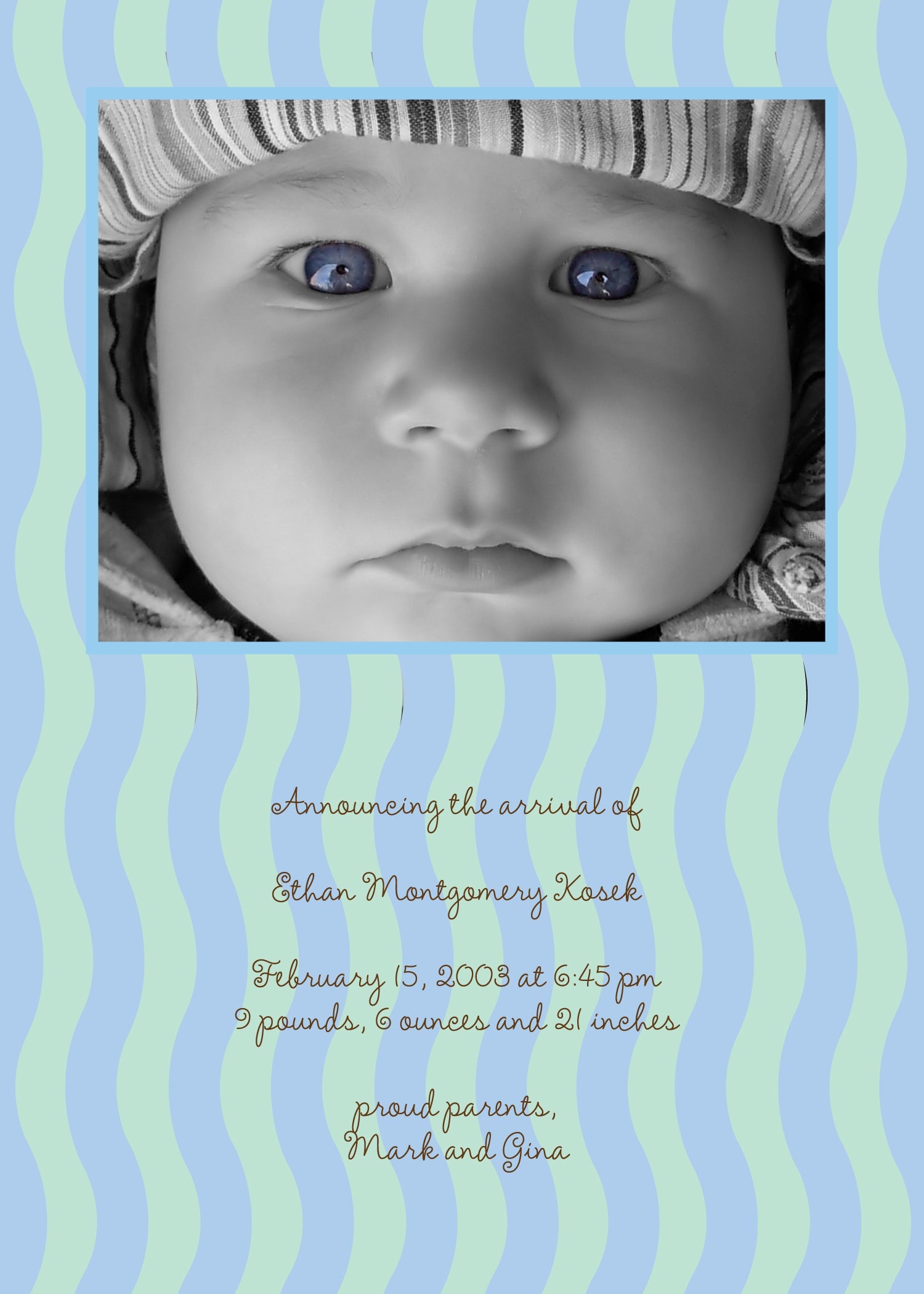 Wavy Stripes - Blue & Green Birth Announcements