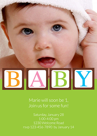 Baby Blocks - Green Birthday Invitation
