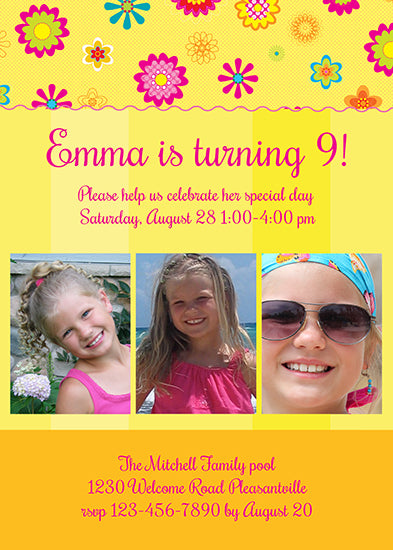Floating Flowers & Stripes Birthday Invitation