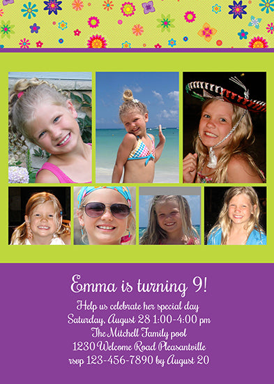 Floating Flowers - Purple Multi Birthday Invitation