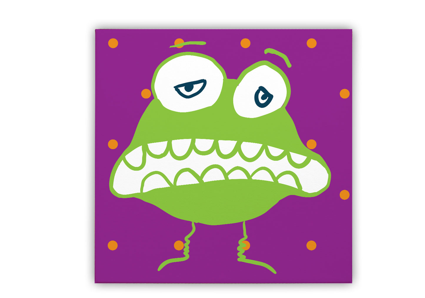 Greedy Goblin 12x12 inch Canvas Wall Hanging. Square canvas in purple with orange polka dots. Goofy green cartoon character stands in the center.