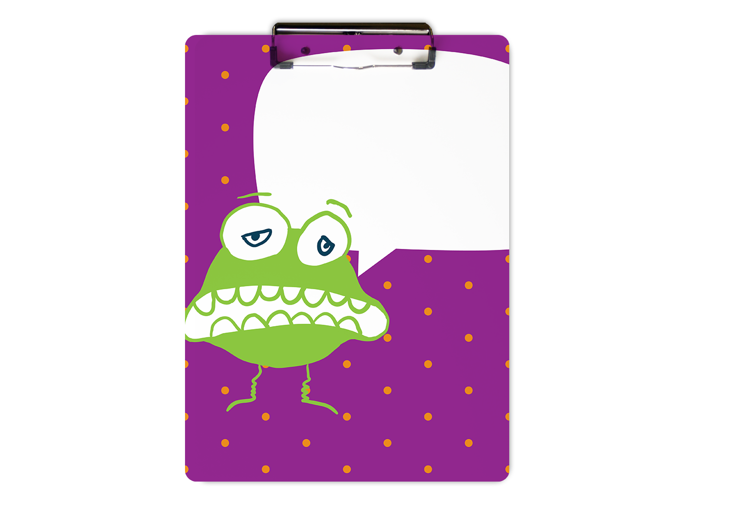 personalized clipboard, greedy goblin clipboard, kid's clipboard. orange polka dots on purple. green cartoon character with white thought bubble