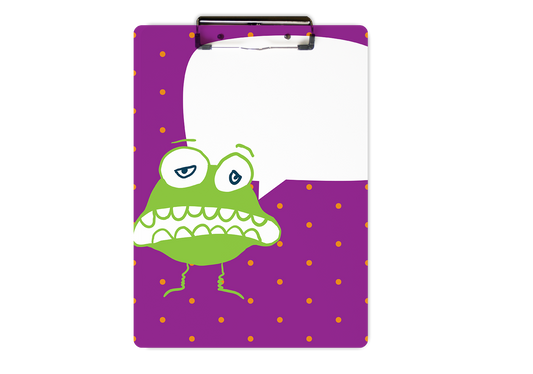 personalized clipboard, greedy goblin clipboard, kid's clipboard. orange polka dots on purple. green cartoon character with white thought bubble