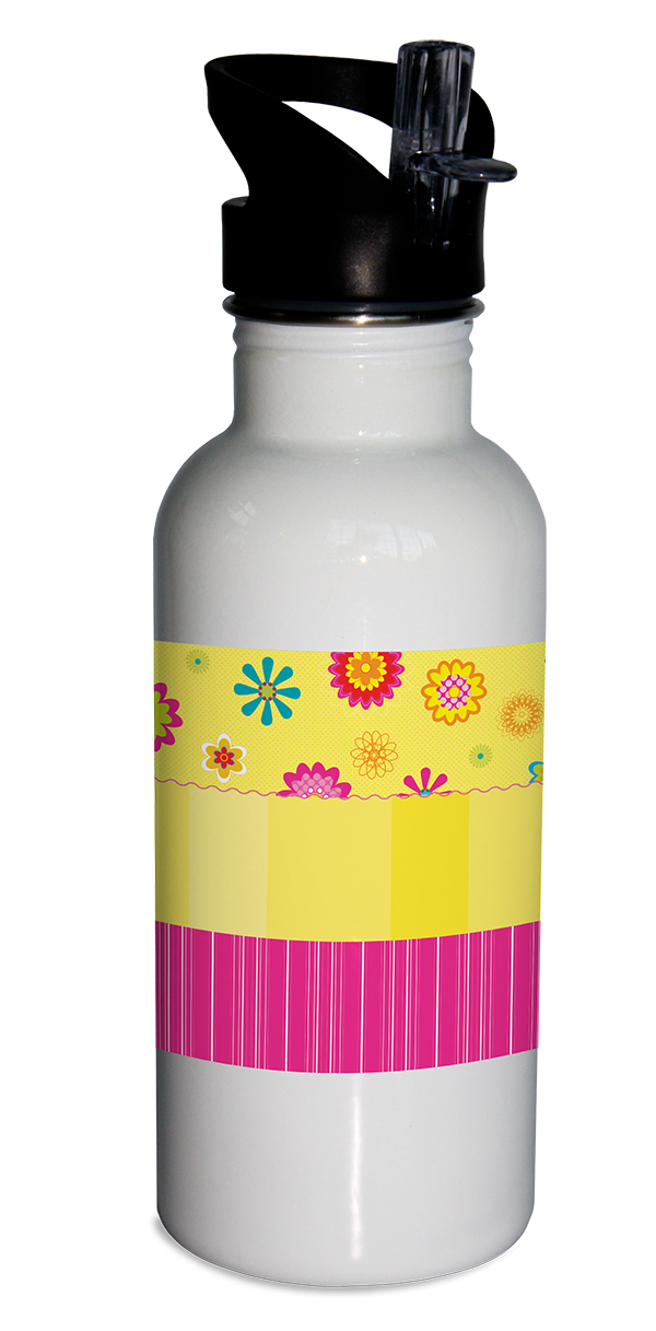 Floating Flowers & Stripes Pink Water Bottle