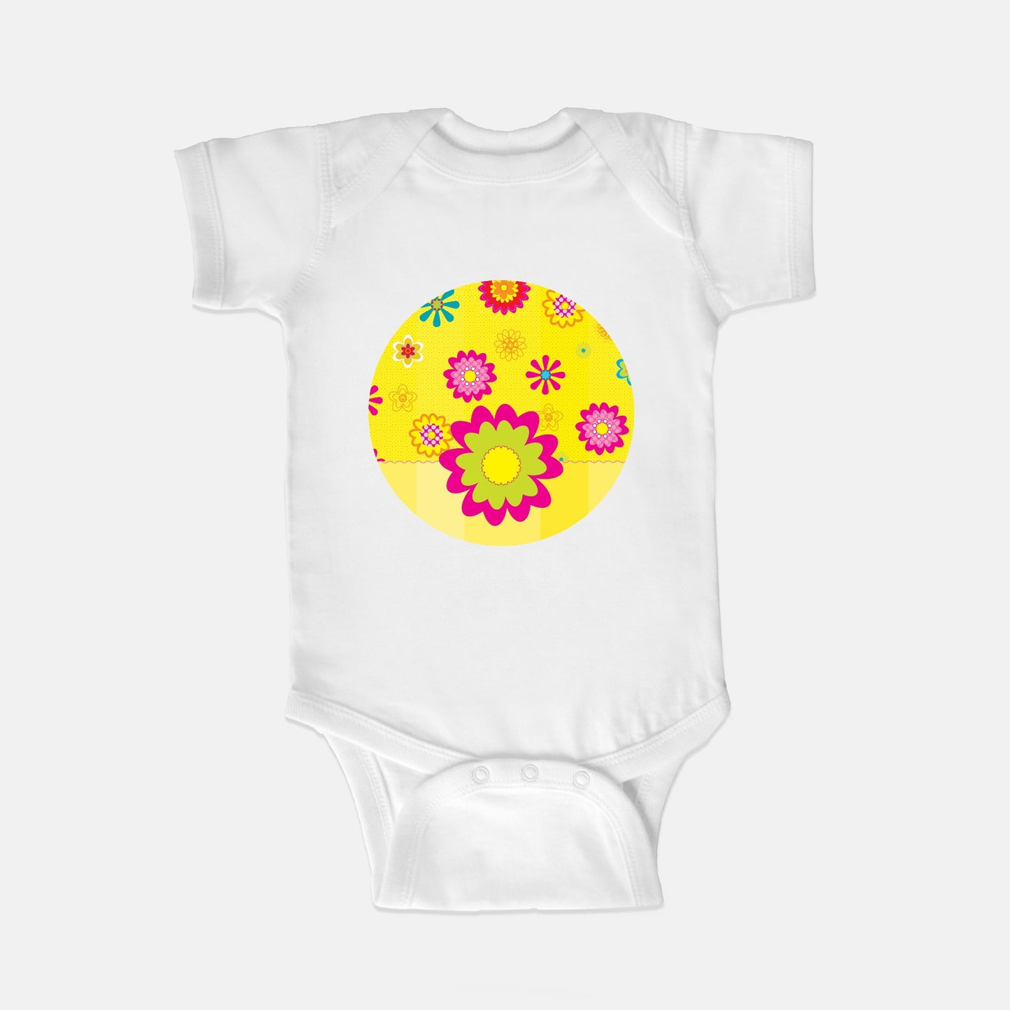 Floating Flowers & Stripes Yellow Short Sleeve Baby Bodysuit