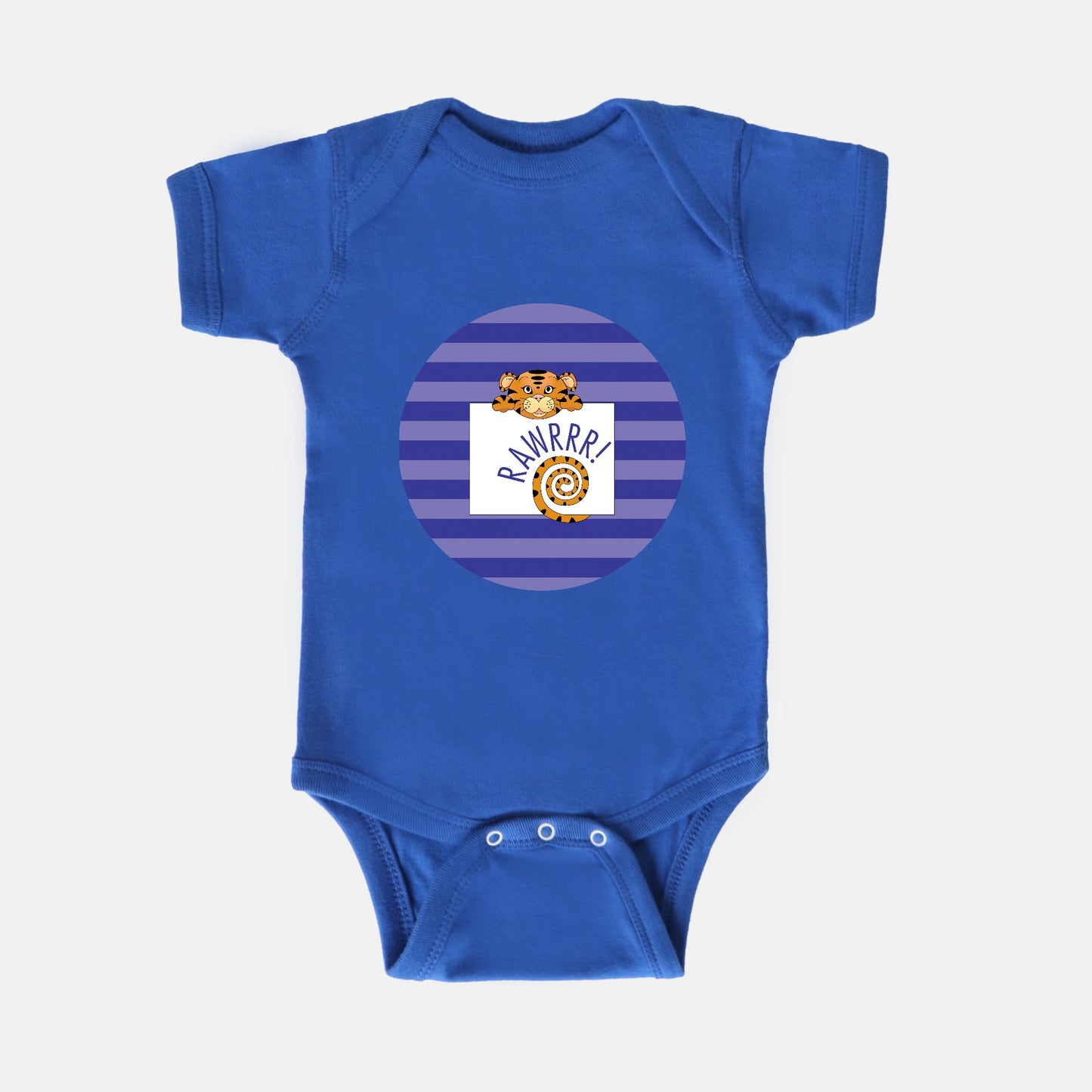 Jungle Animals Tiger Short-Sleeve Baby Bodysuit, Purple Pattern