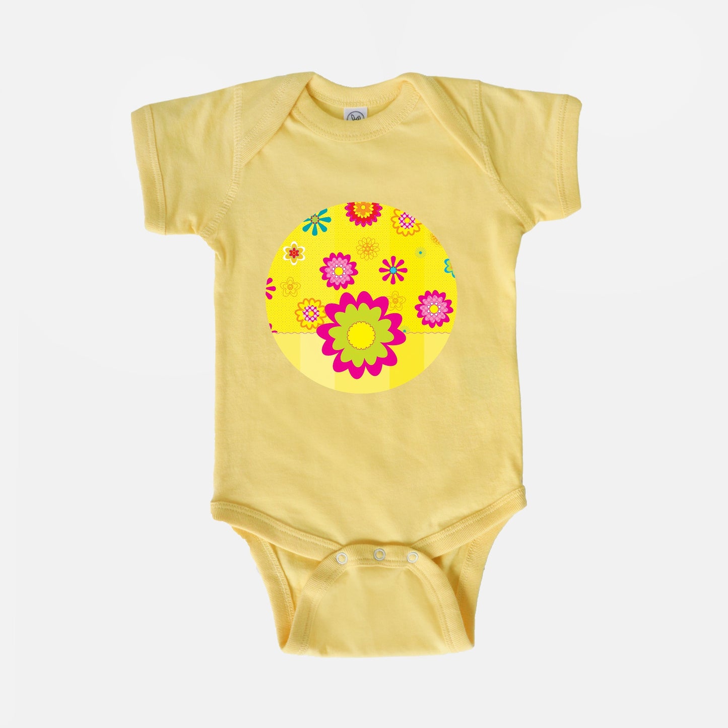 Floating Flowers & Stripes Yellow Short Sleeve Baby Bodysuit