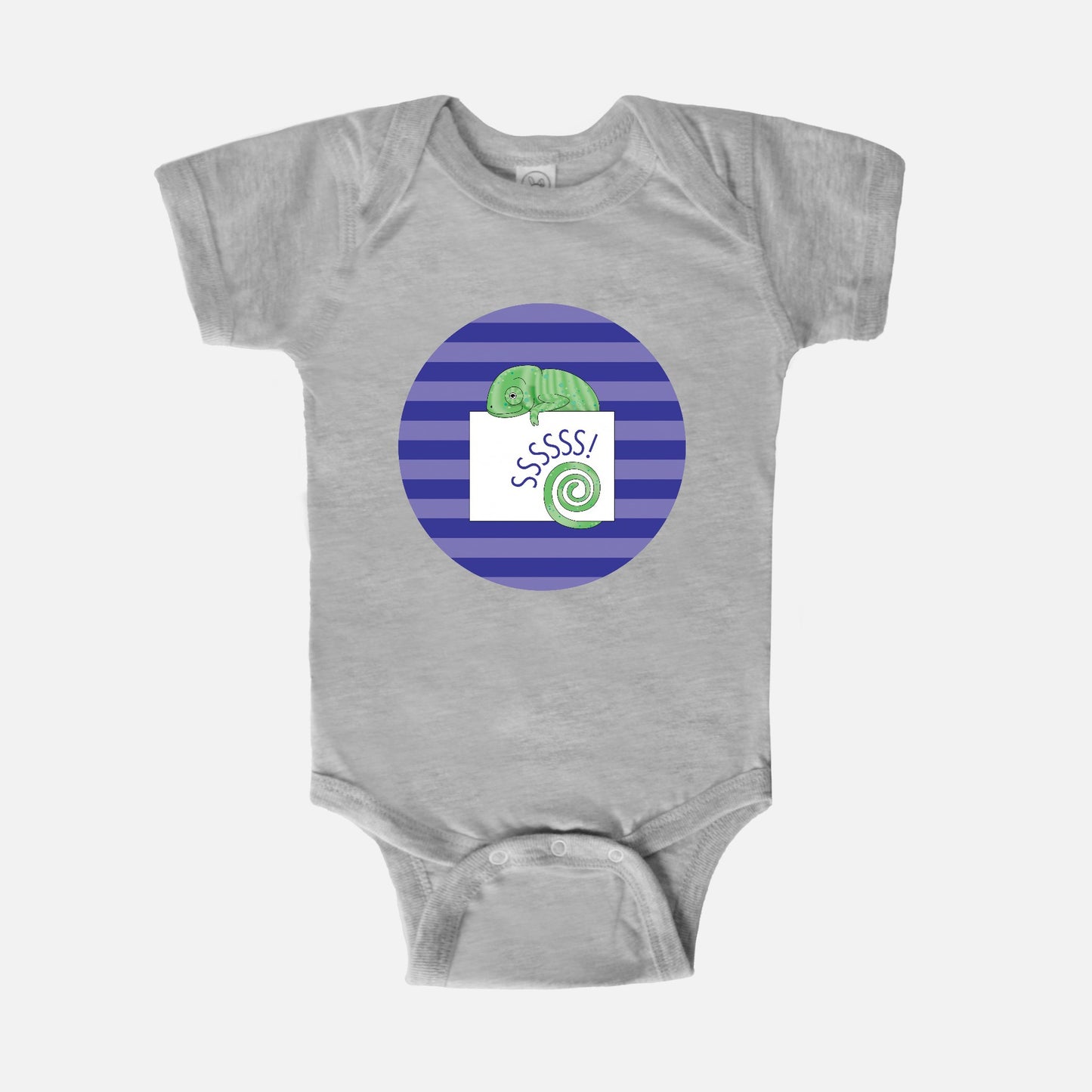 Jungle Animals Chameleon Short-Sleeve Baby Bodysuit, Purple Stripes