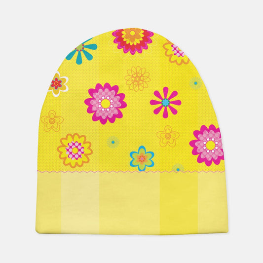 Floating Flowers & Stripes Yellow Baby Beanie Hat