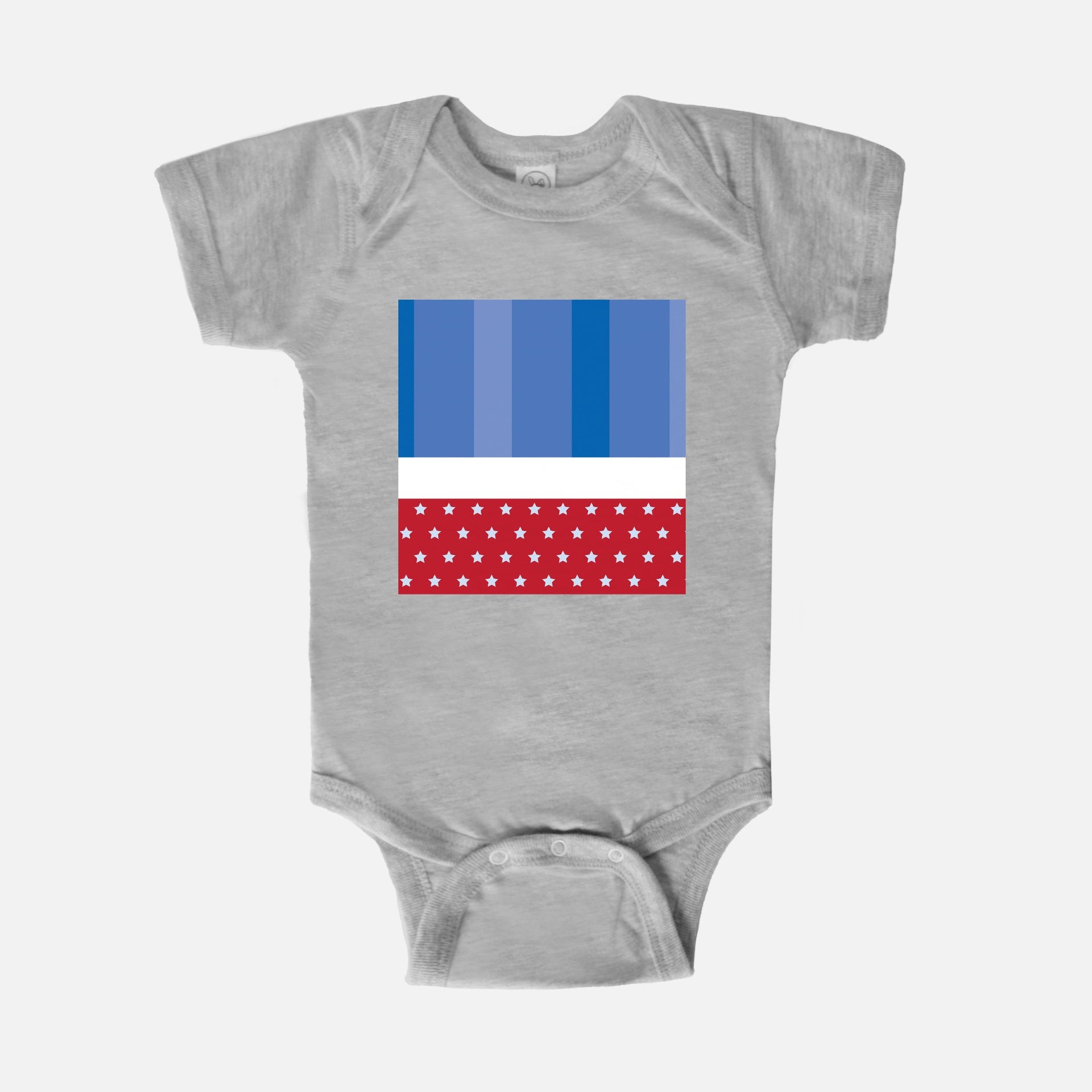 baby clothing, baby onesie, baby bodysuit, gray, Fourth of July, Memorial Day, labor day, patriotic, baby accessories, red white and blue 