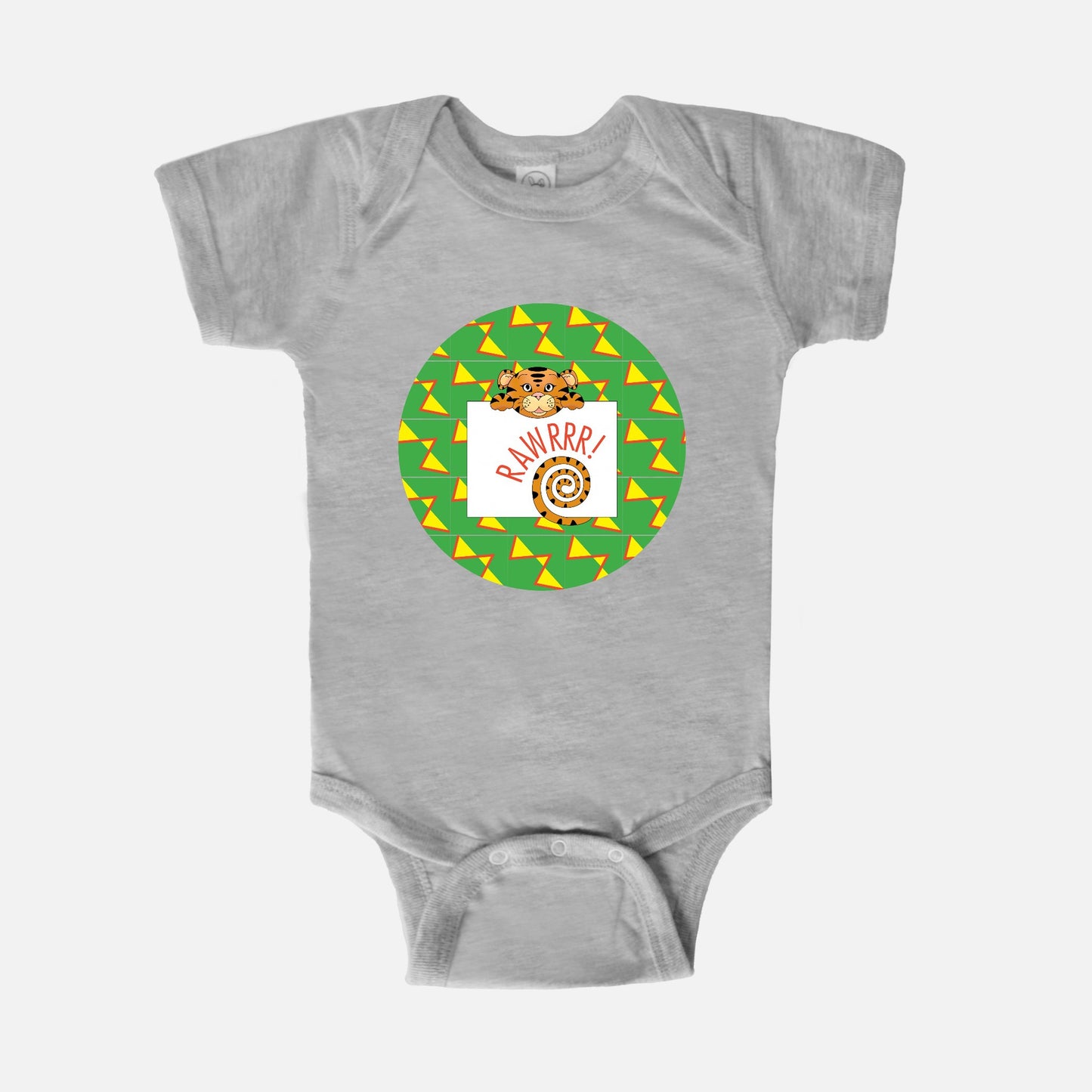 Jungle Animals Tiger Short-Sleeve Baby Bodysuit, Yellow Pattern