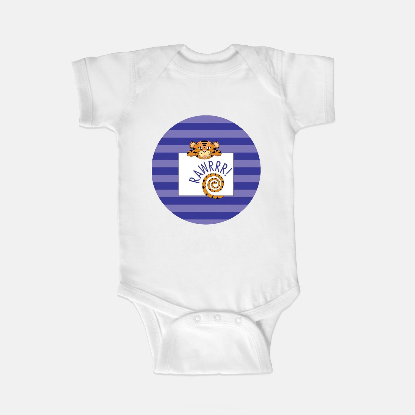 Jungle Animals Tiger Short-Sleeve Baby Bodysuit, Purple Pattern