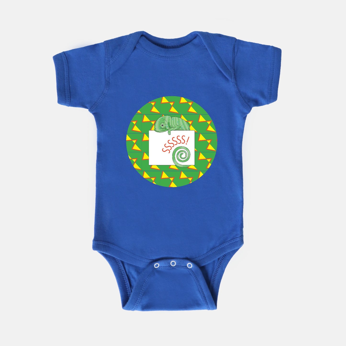 Jungle Animals Chameleon Short-Sleeve Baby Bodysuit, Yellow Pattern