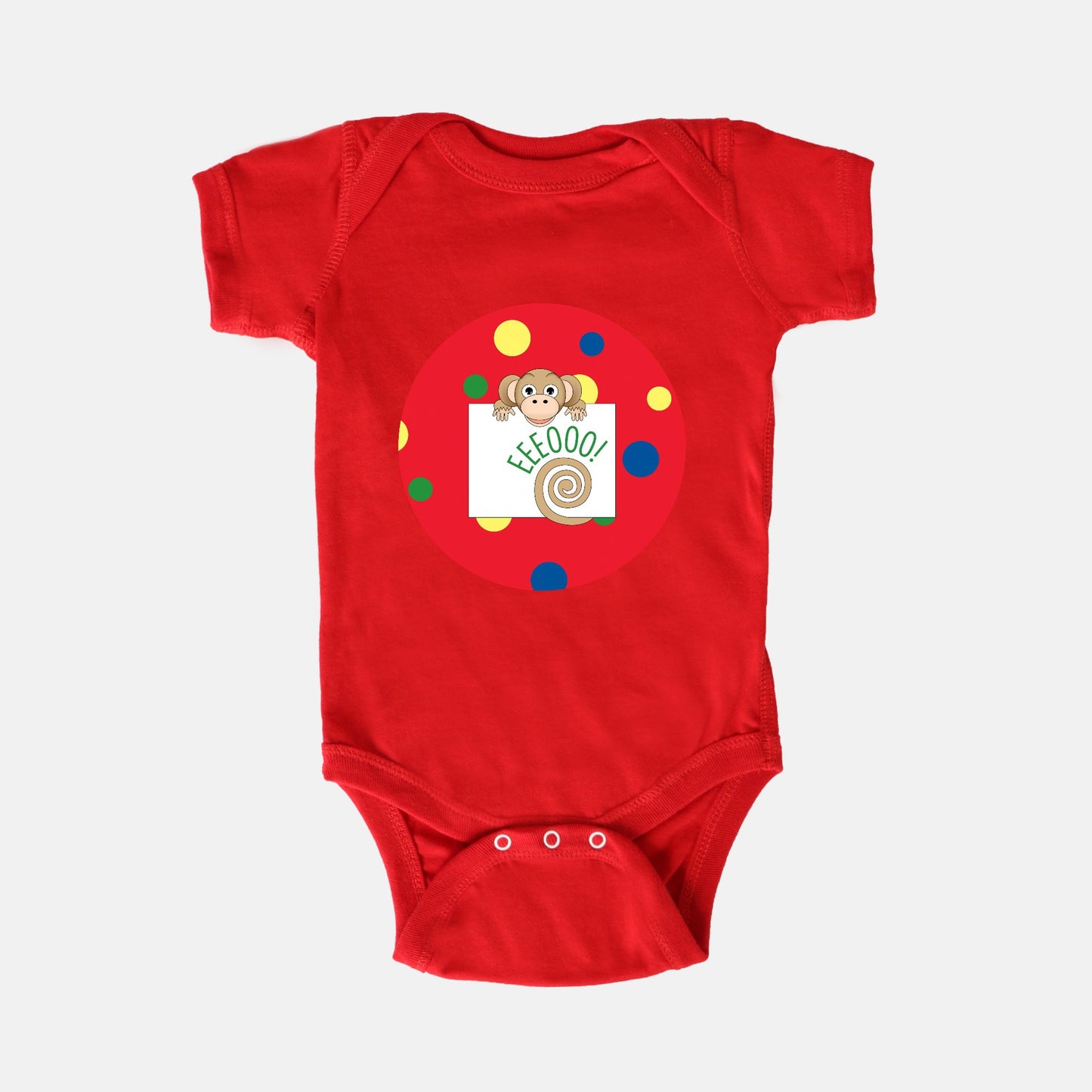 Jungle Animals Monkey Short-Sleeve Baby Bodysuit, Red Pattern