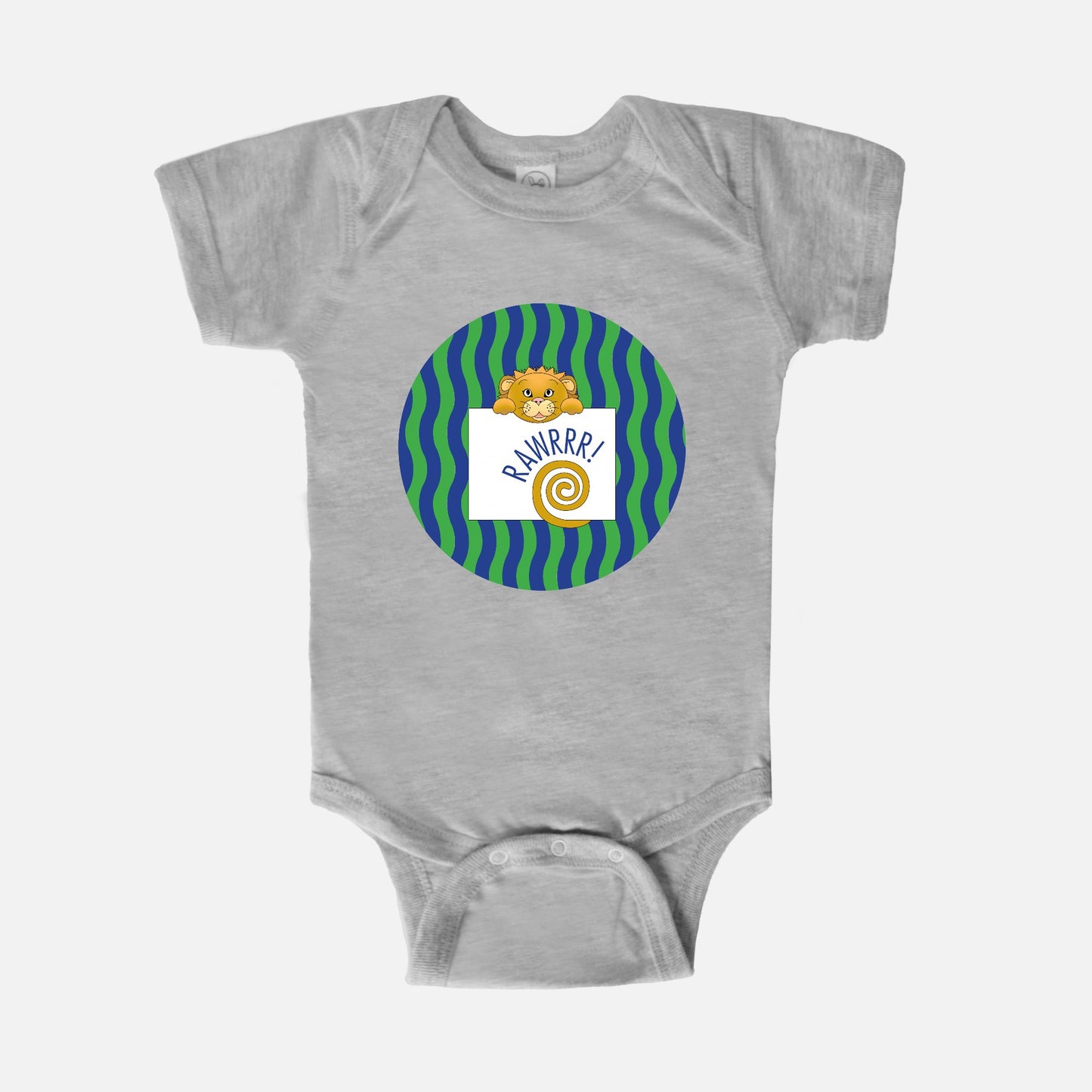 Jungle Animals Lion Short-Sleeve Baby Bodysuit, Green Pattern