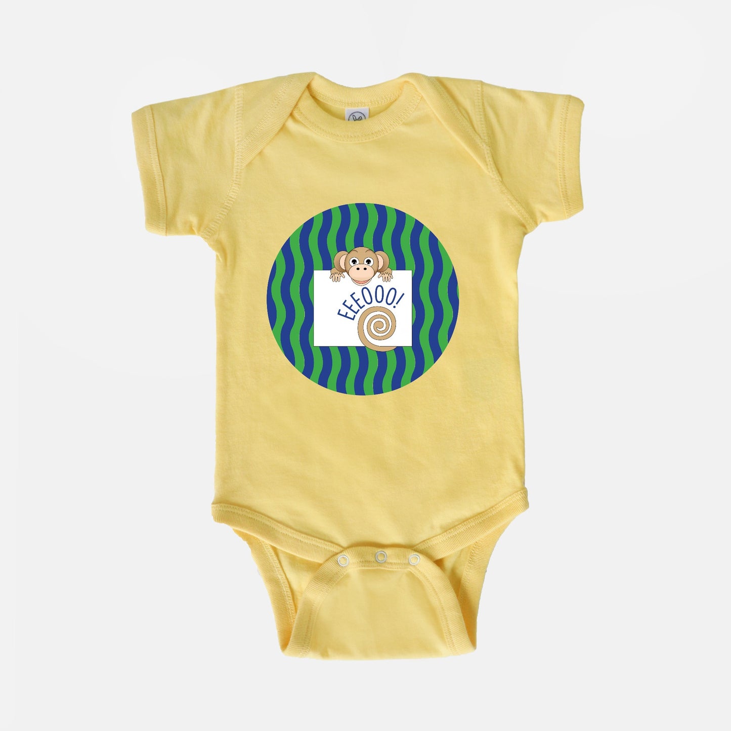 Jungle Animals Monkey Short-Sleeve Baby Bodysuit, Green Pattern