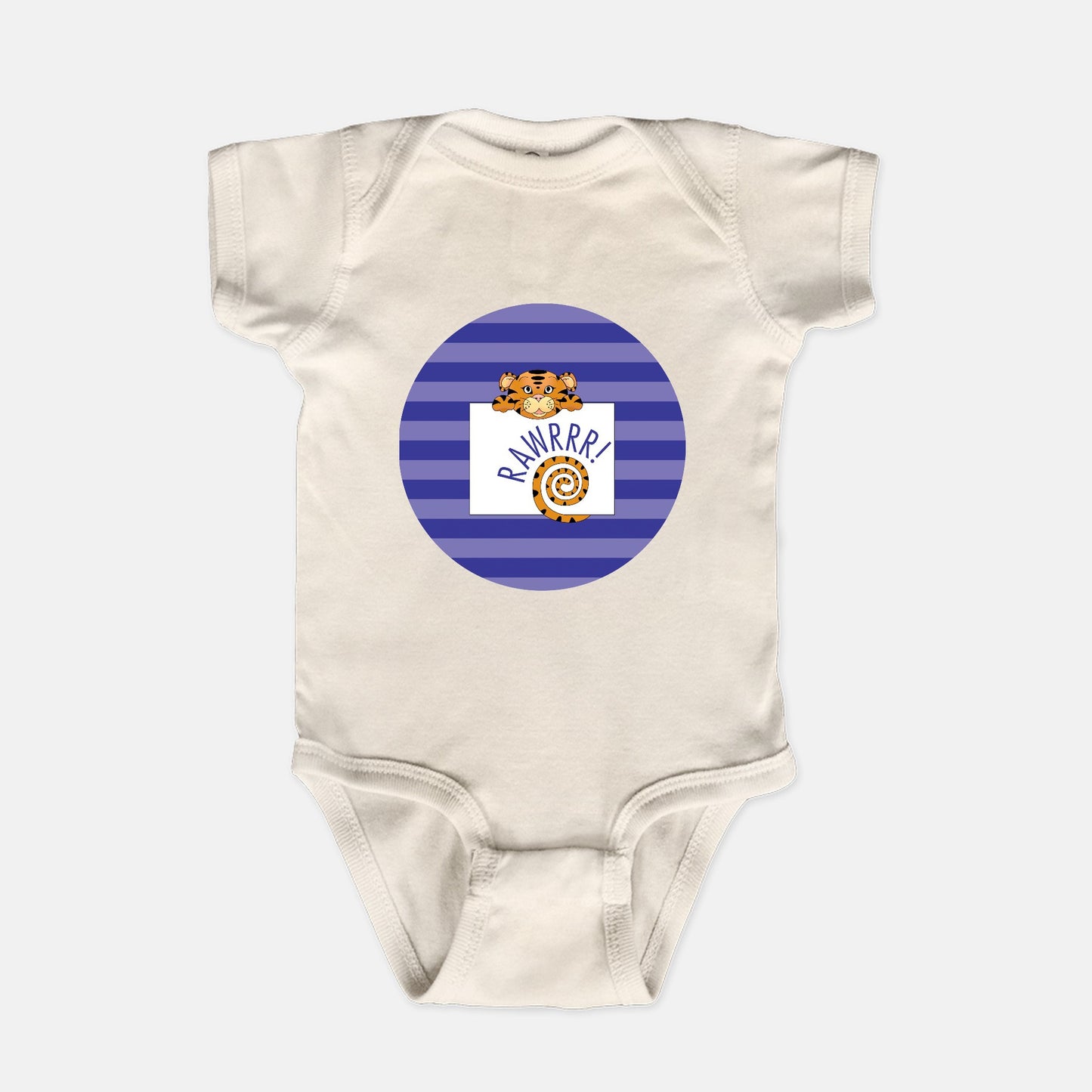 Jungle Animals Tiger Short-Sleeve Baby Bodysuit, Purple Pattern