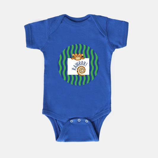 Jungle Animals Tiger Short-Sleeve Baby Bodysuit, Green Pattern