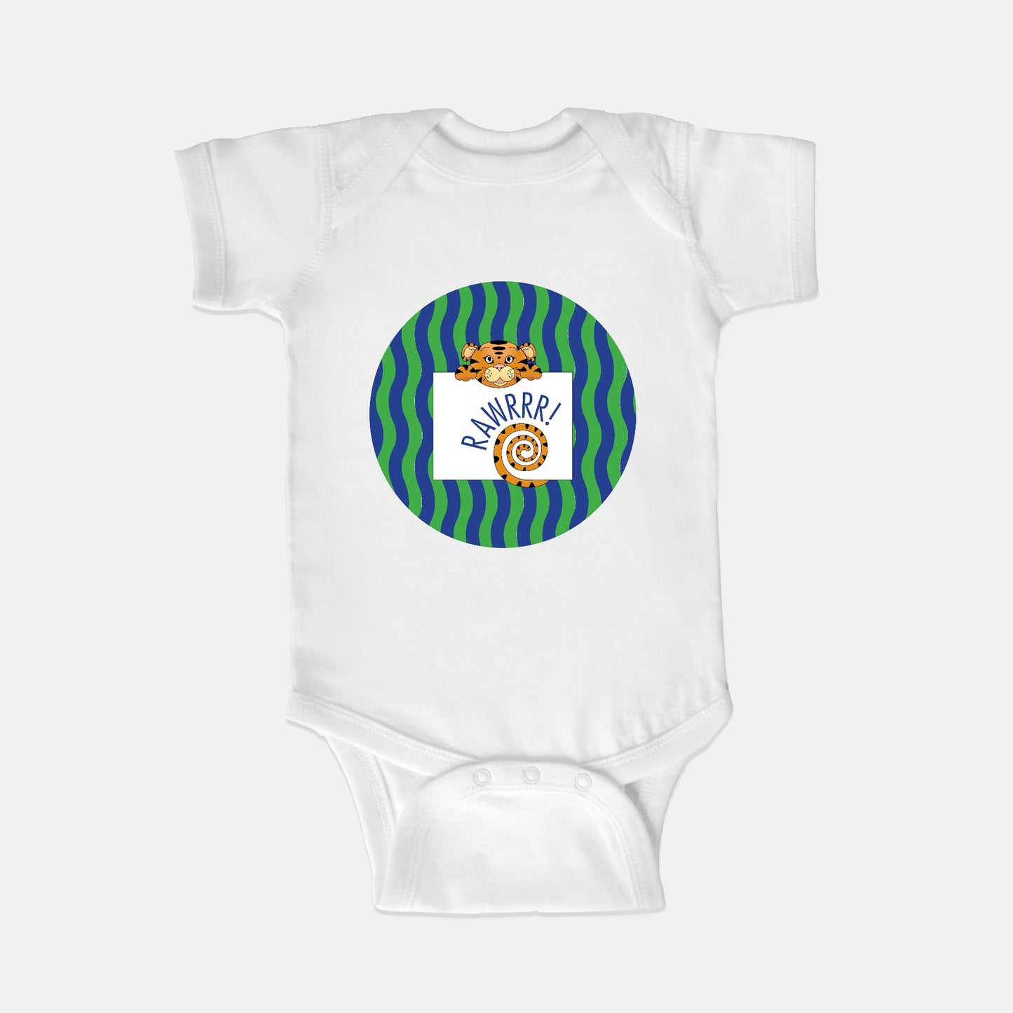 Jungle Animals Tiger Short-Sleeve Baby Bodysuit, Green Pattern