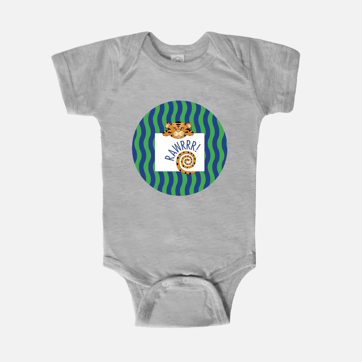 Jungle Animals Tiger Short-Sleeve Baby Bodysuit, Green Pattern