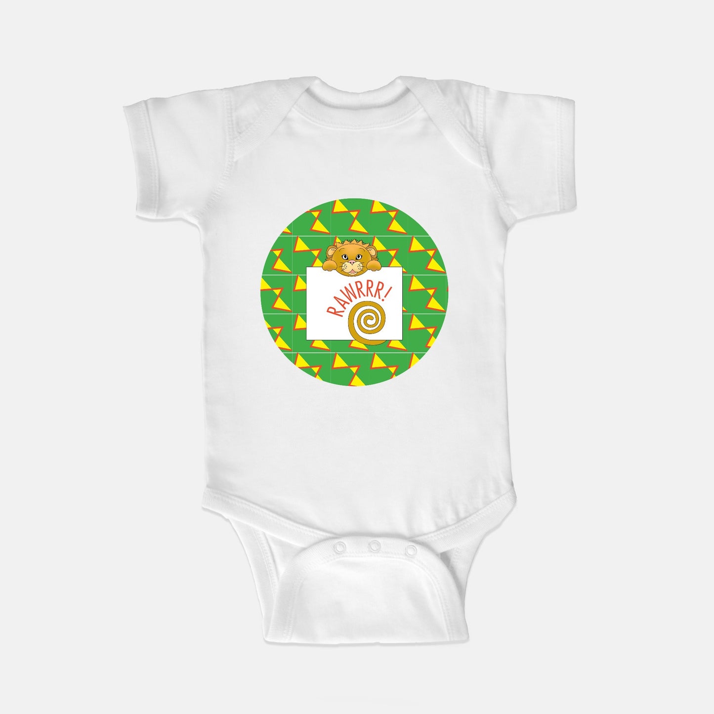 Jungle Animals Lion Short-Sleeve Baby Bodysuit, Yellow Pattern