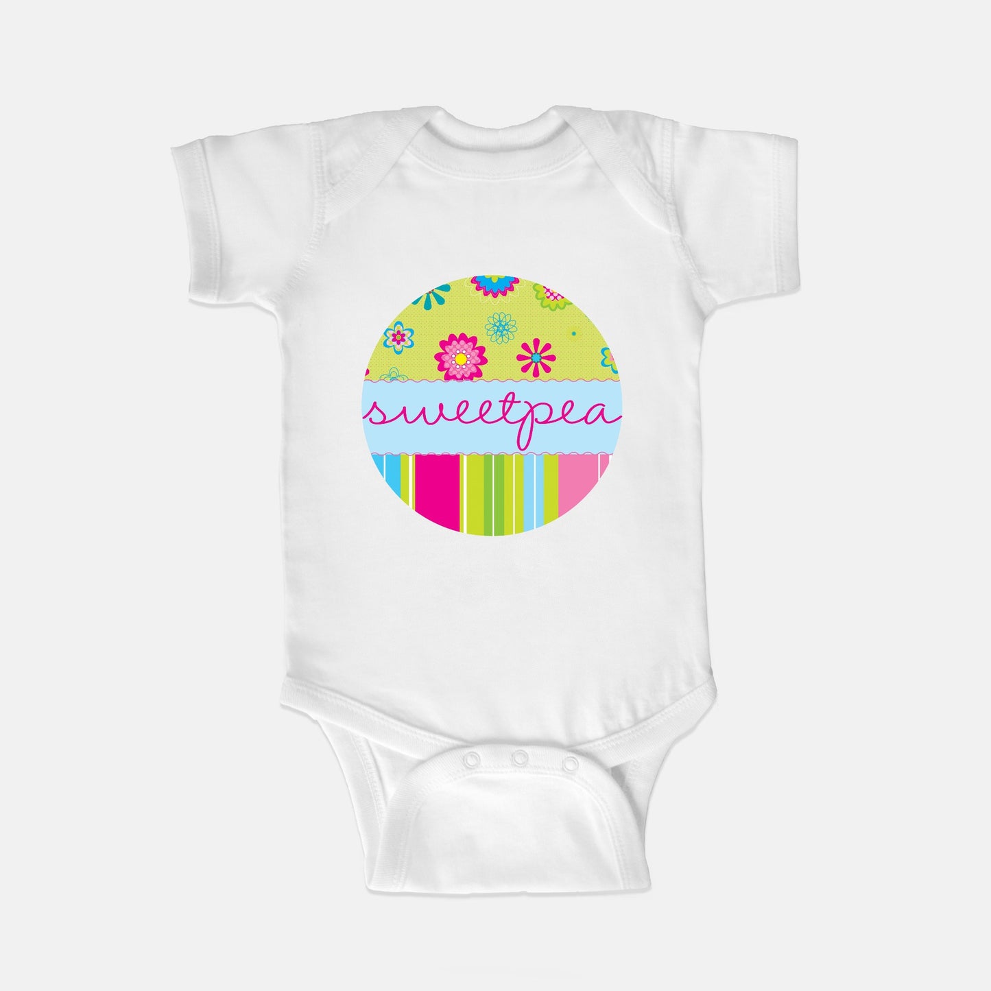 Floating Flowers & Stripes Blue Short-Sleeve Baby Bodysuit