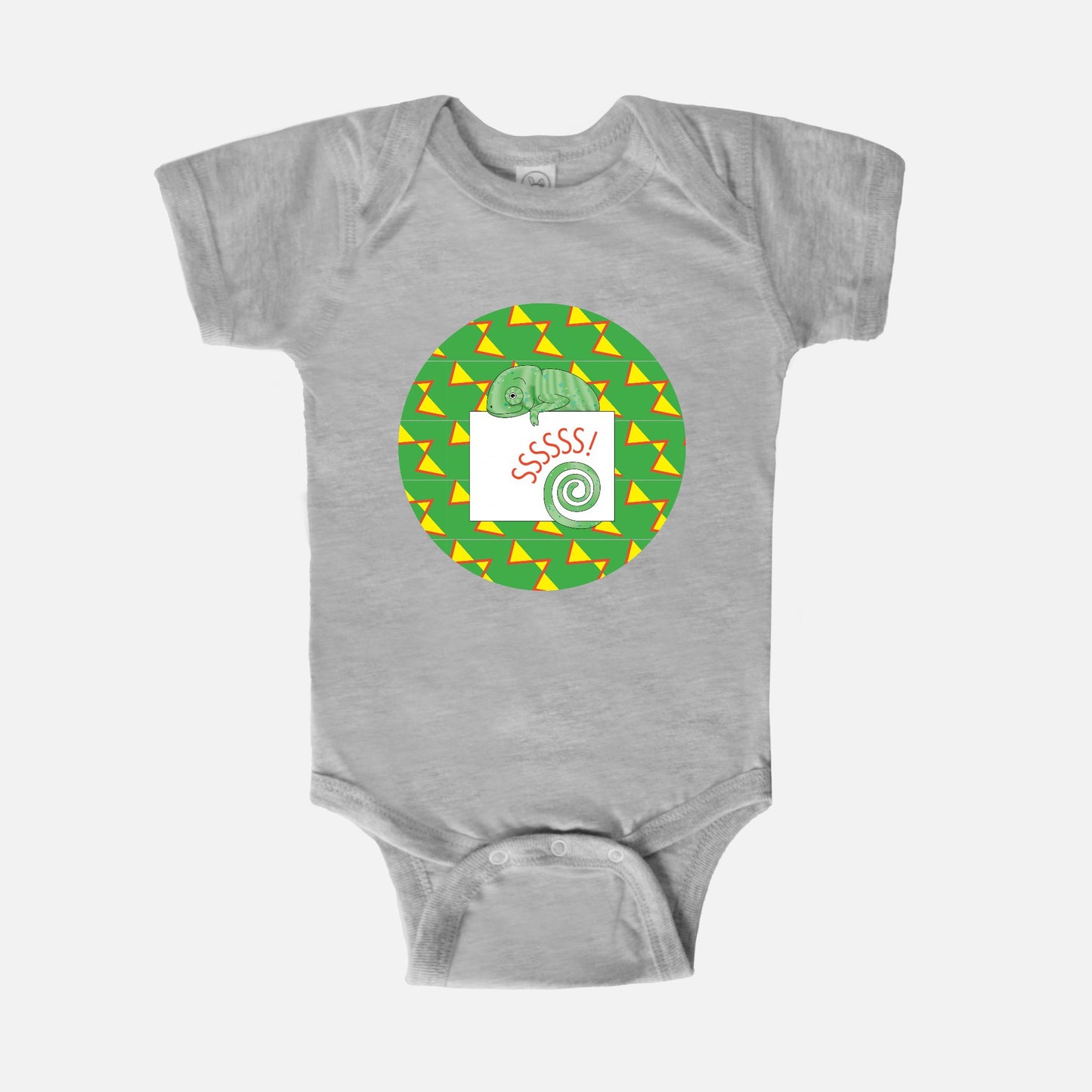 Jungle Animals Chameleon Short-Sleeve Baby Bodysuit, Yellow Pattern