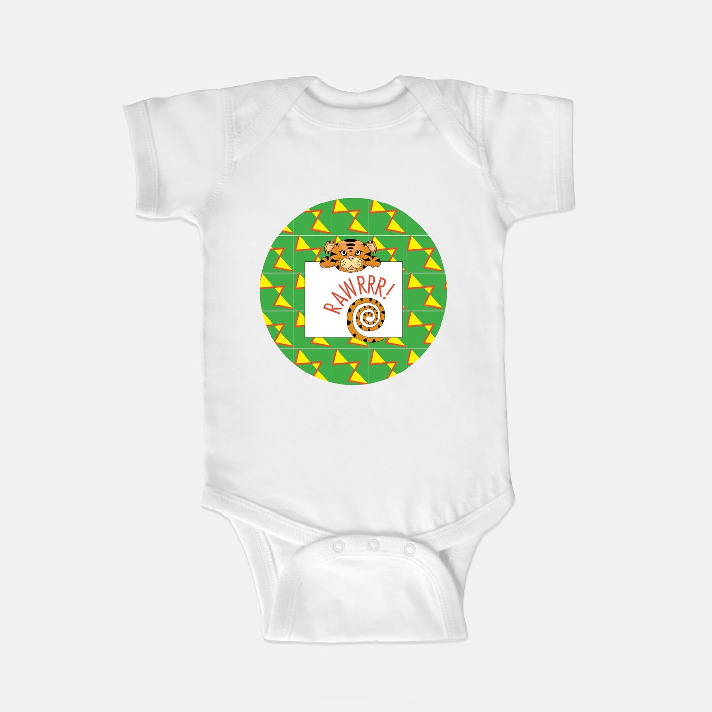 Jungle Animals Tiger Short-Sleeve Baby Bodysuit, Yellow Pattern