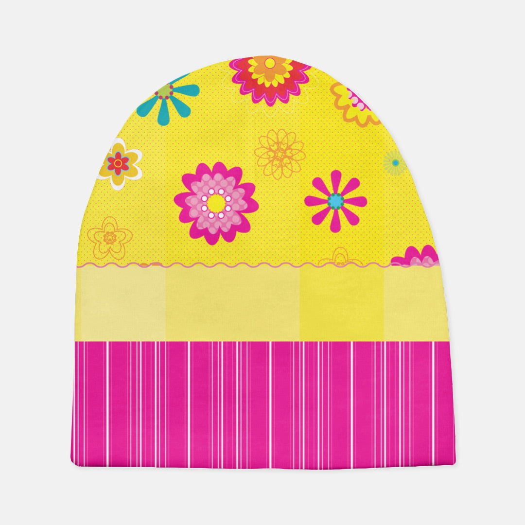 Floating Flowers & Stripes Pink Baby Beanie Hat