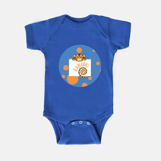 Jungle Animals Tiger Short-Sleeve Baby Bodysuit, Blue Pattern