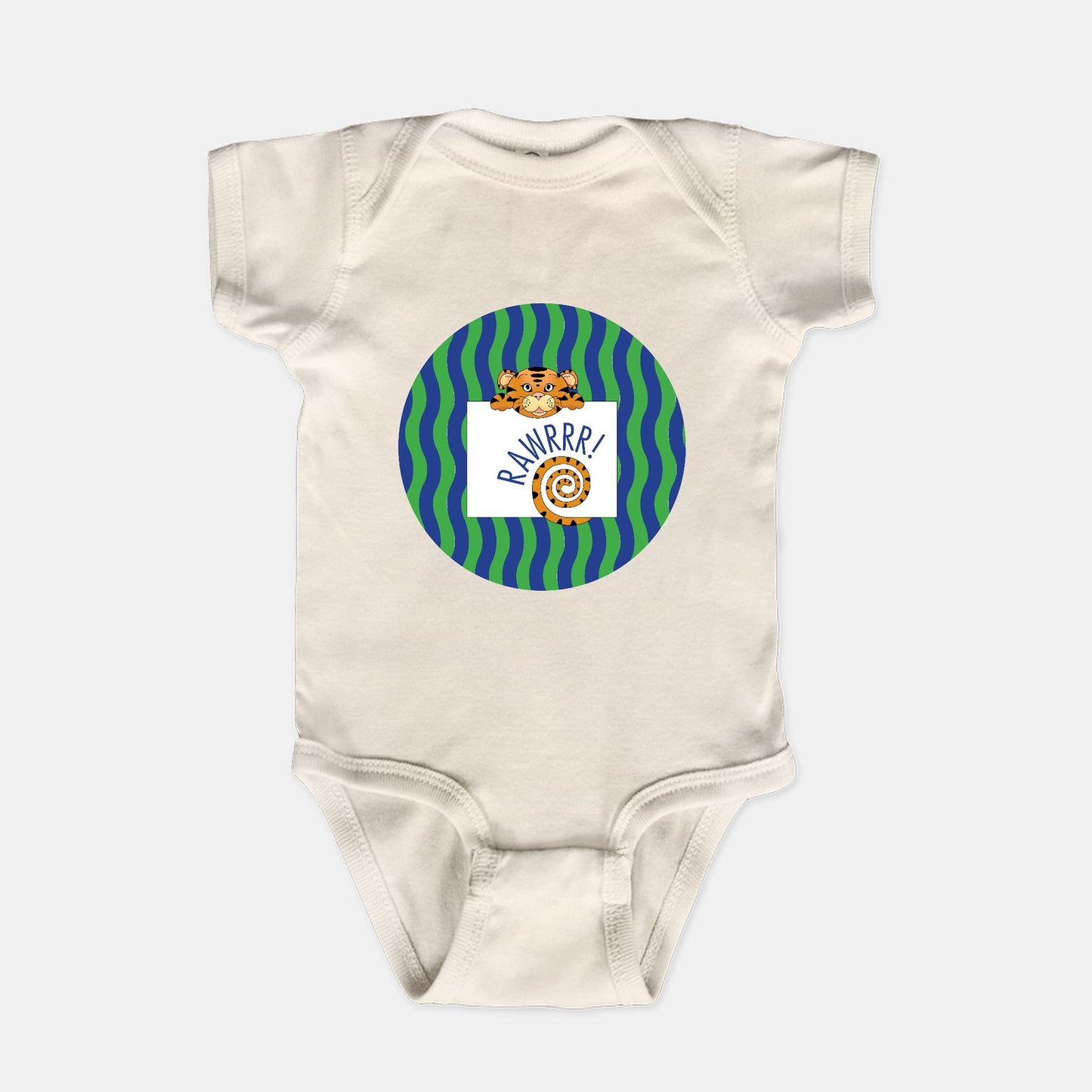 Jungle Animals Tiger Short-Sleeve Baby Bodysuit, Green Pattern