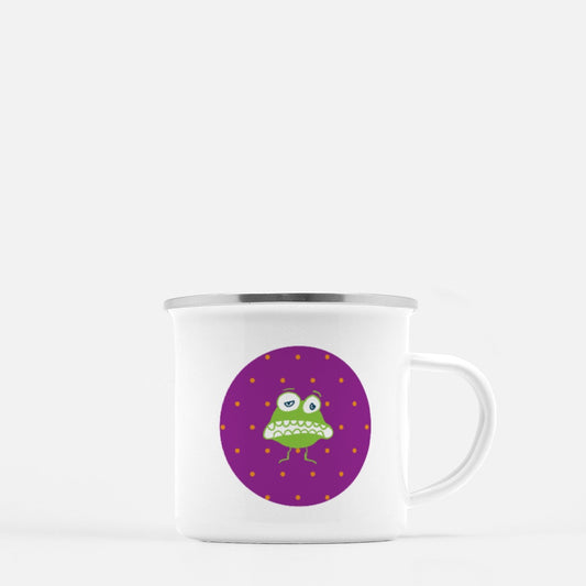 Greedy Goblin 10-oz. Camp Mug. Goofy green cartoon character  on a purple circle with orange polka dots on a white mug. 