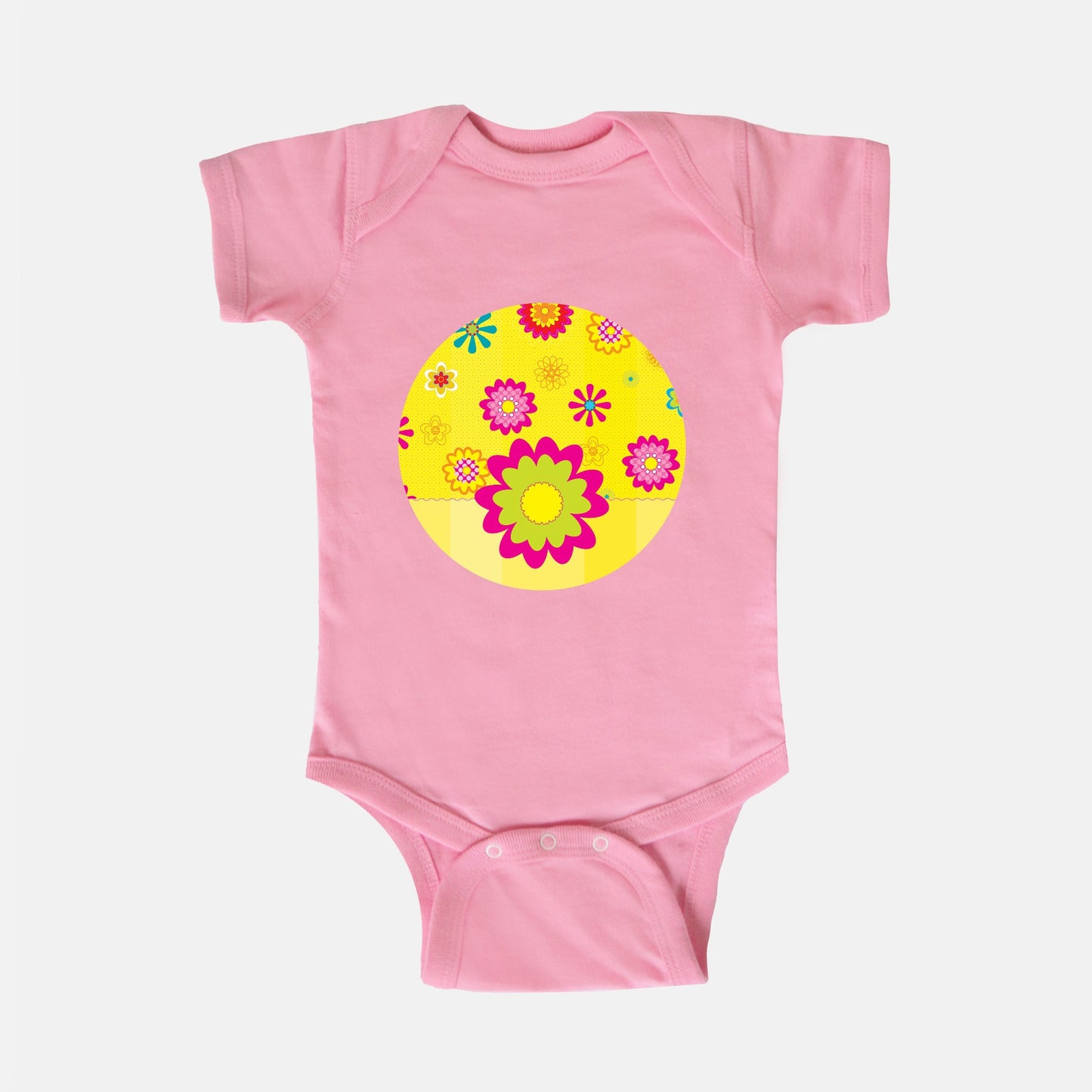 Floating Flowers & Stripes Yellow Short Sleeve Baby Bodysuit