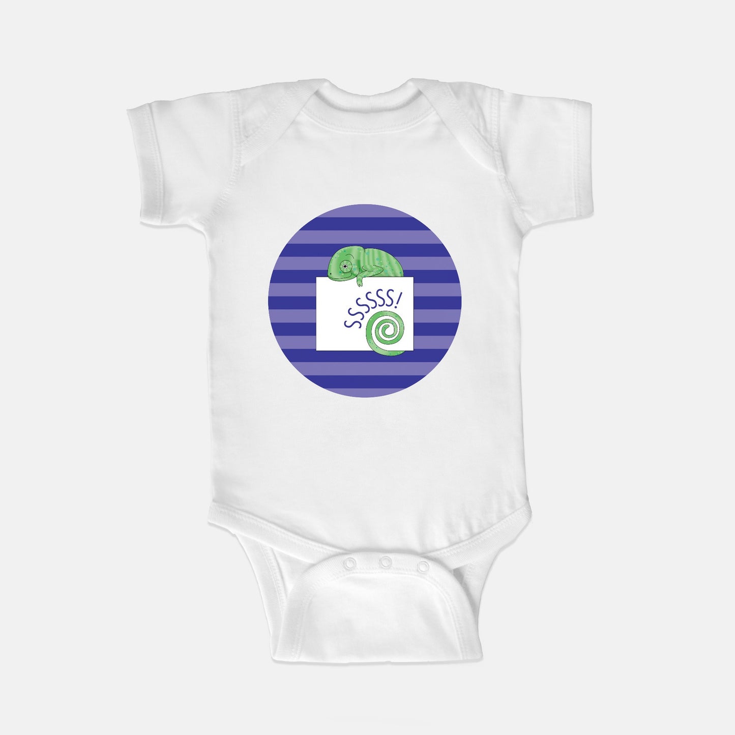 Jungle Animals Chameleon Short-Sleeve Baby Bodysuit, Purple Stripes