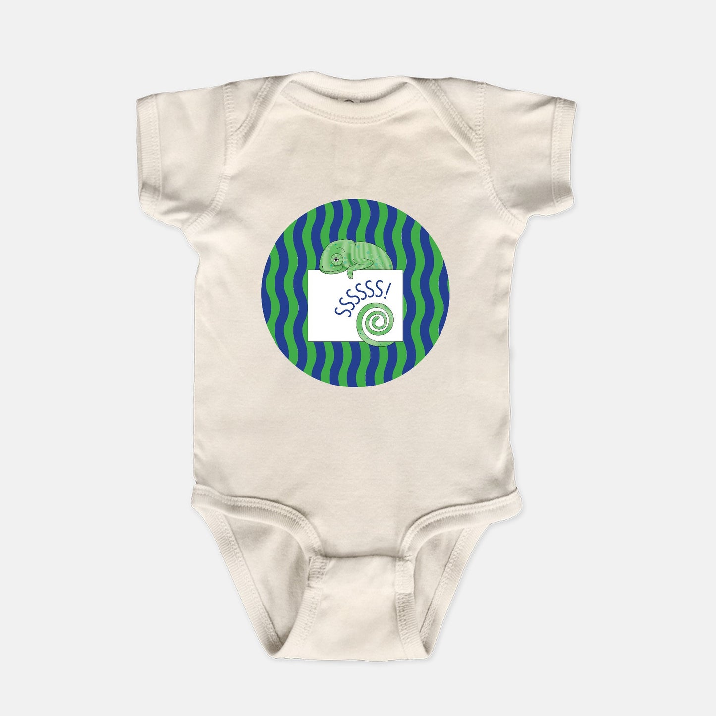 Jungle Animals Chameleon Short-Sleeve Baby Bodysuit, Green Pattern