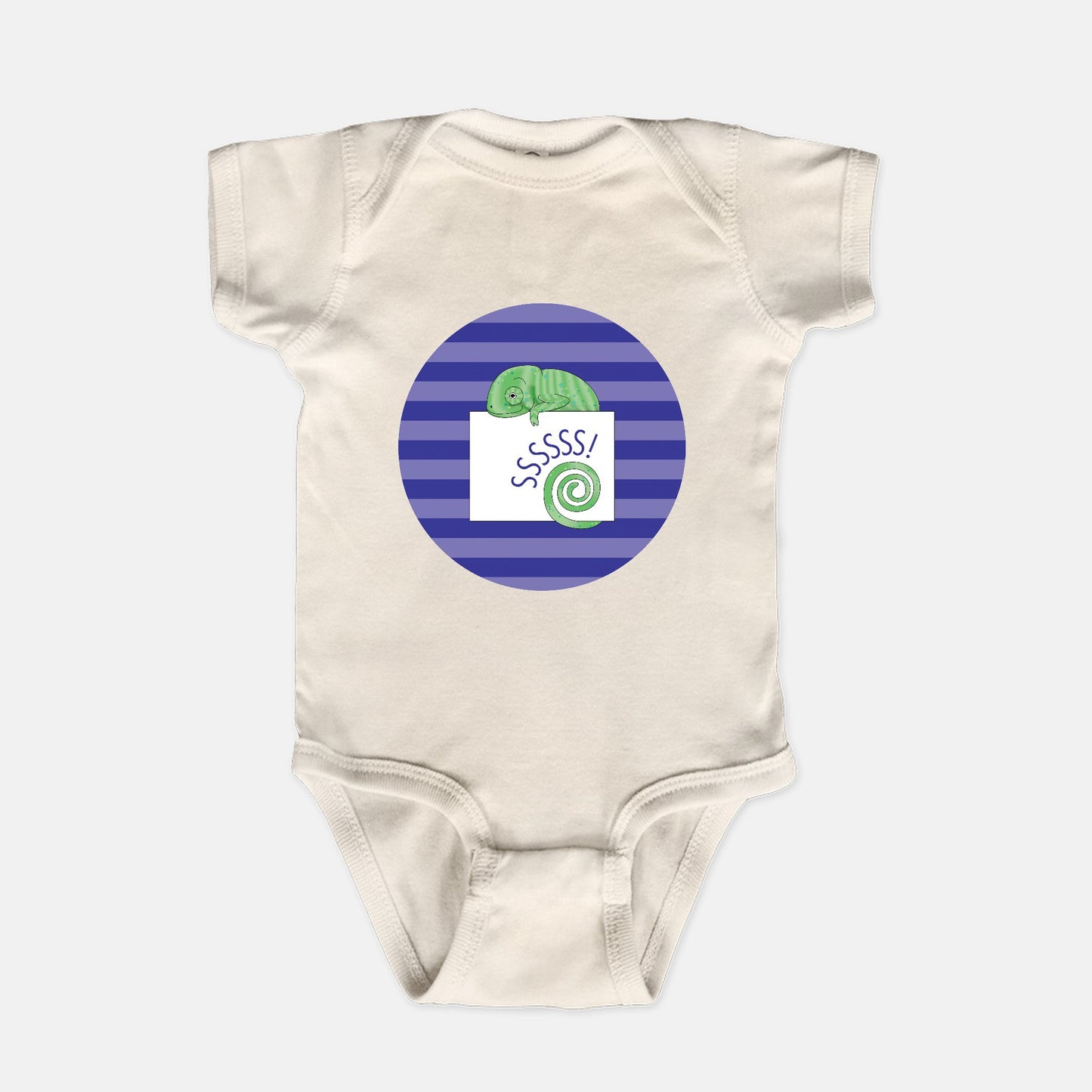 Jungle Animals Chameleon Short-Sleeve Baby Bodysuit, Purple Stripes