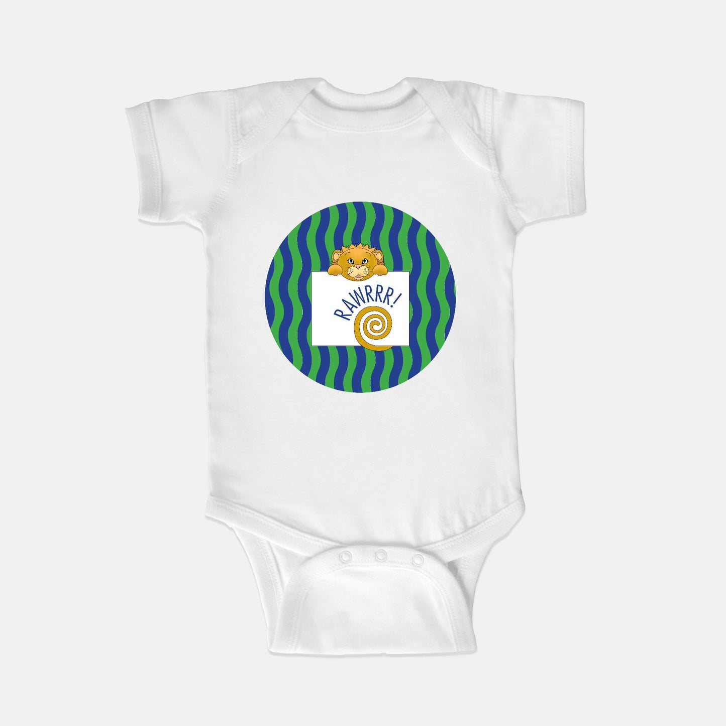 Jungle Animals Lion Short-Sleeve Baby Bodysuit, Green Pattern