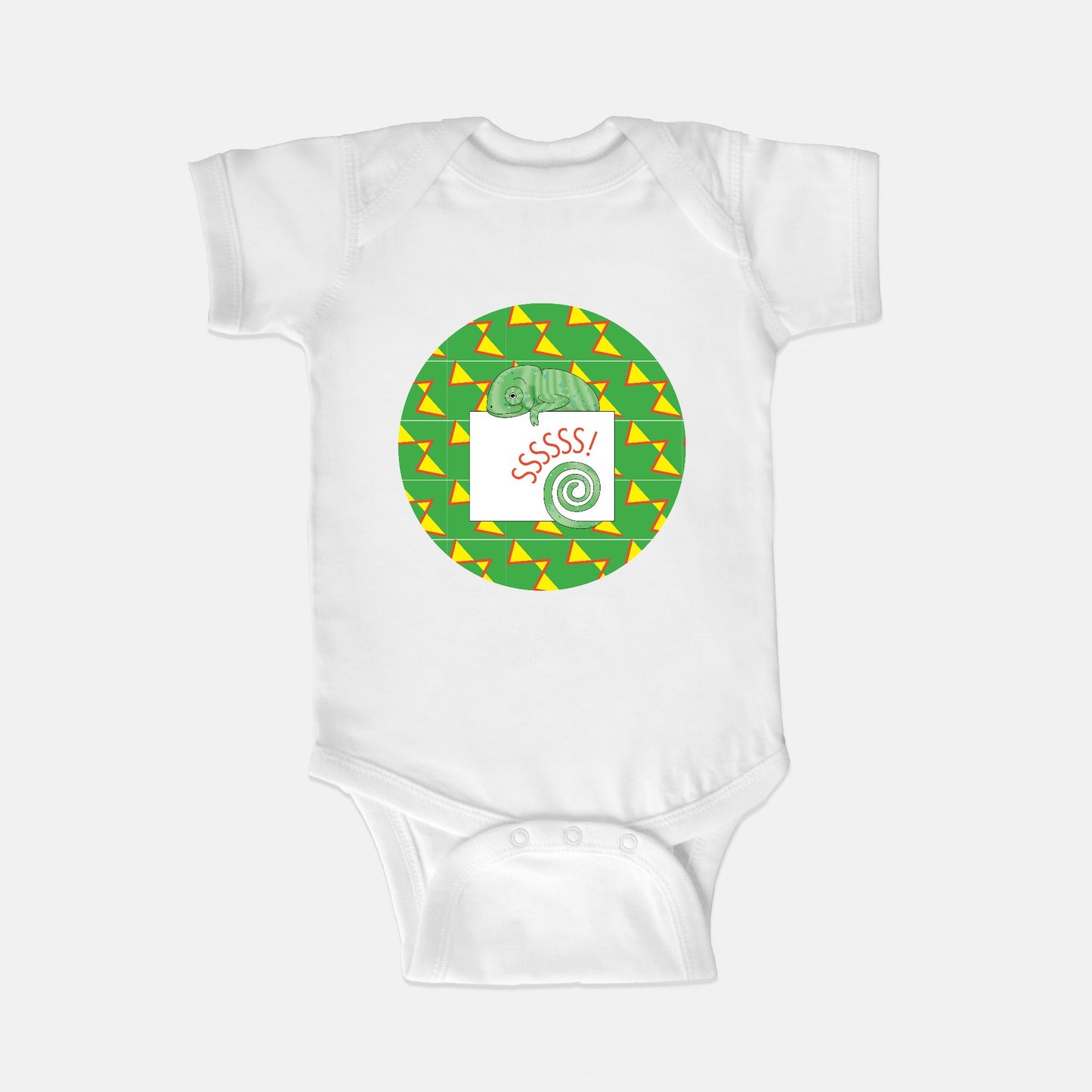 Jungle Animals Chameleon Short-Sleeve Baby Bodysuit, Yellow Pattern