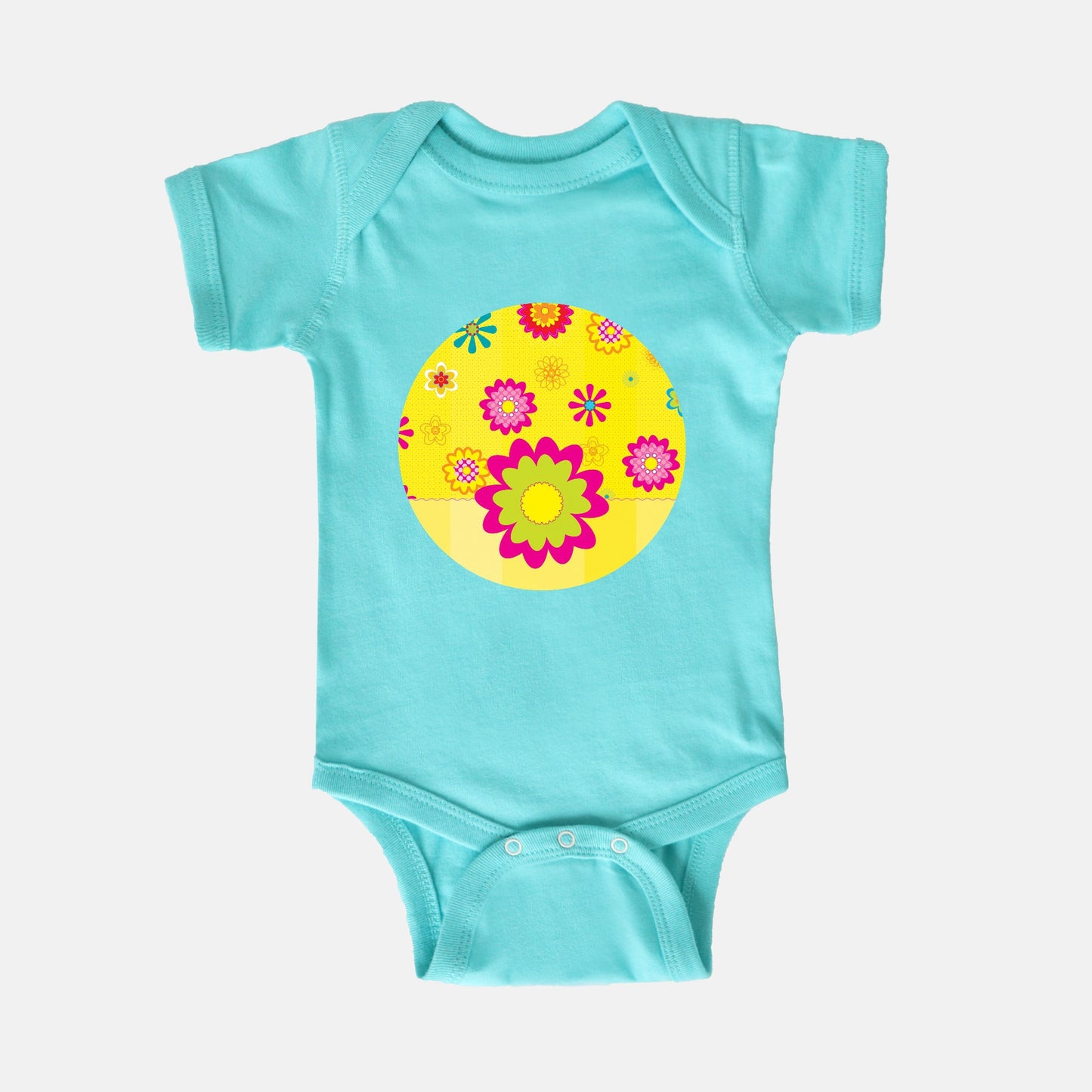 Floating Flowers & Stripes Yellow Short Sleeve Baby Bodysuit