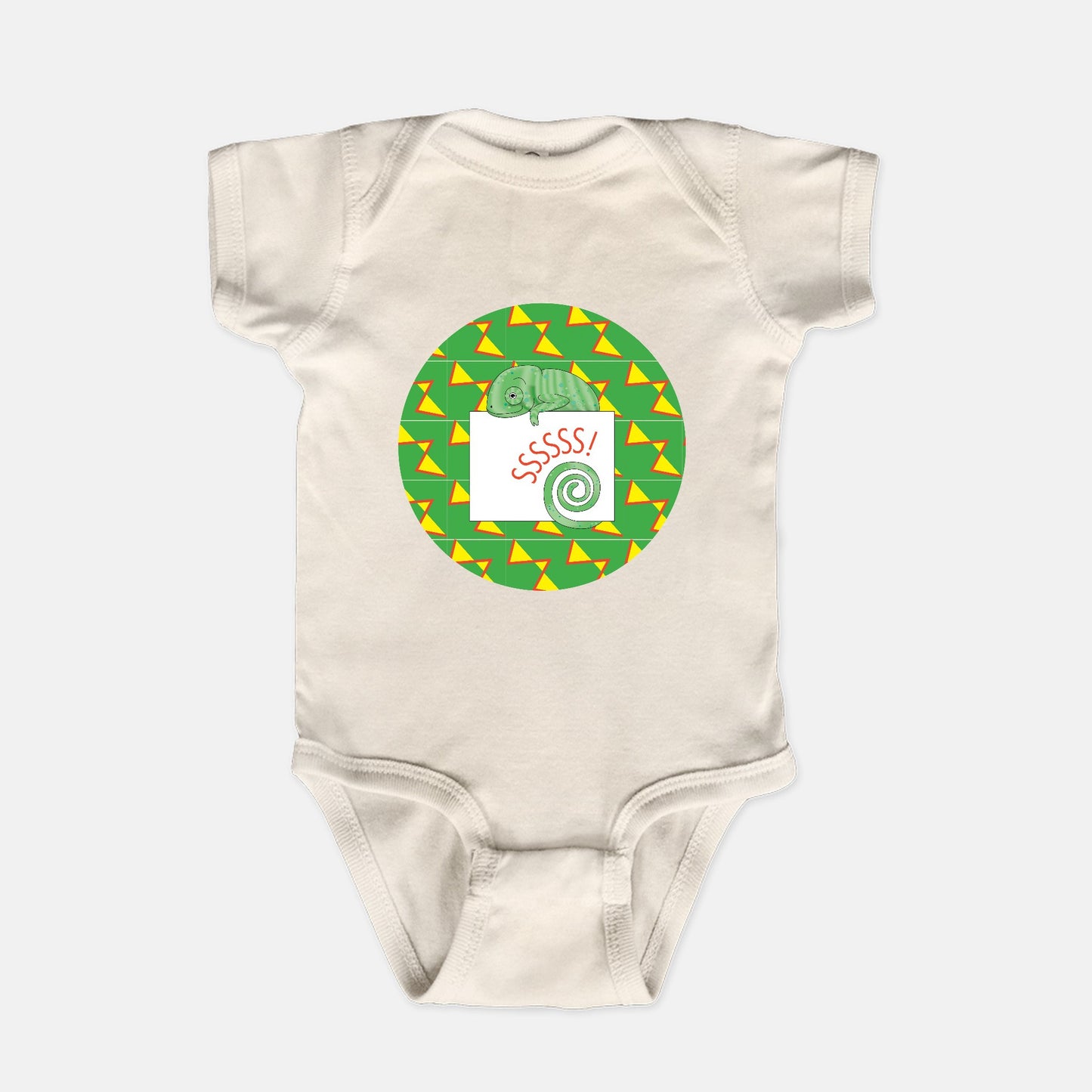 Jungle Animals Chameleon Short-Sleeve Baby Bodysuit, Yellow Pattern