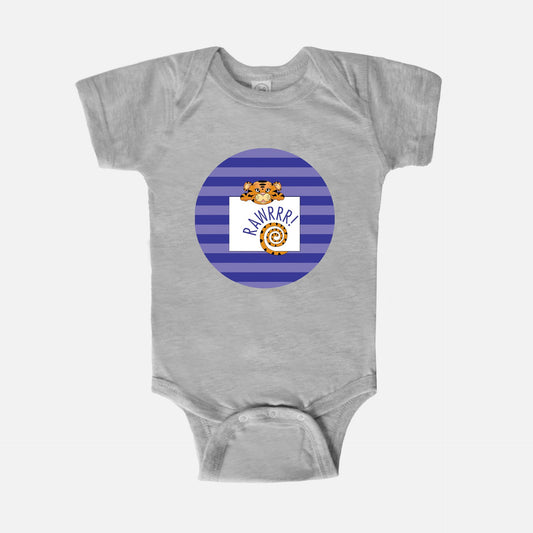 Jungle Animals Tiger Short-Sleeve Baby Bodysuit, Purple Pattern