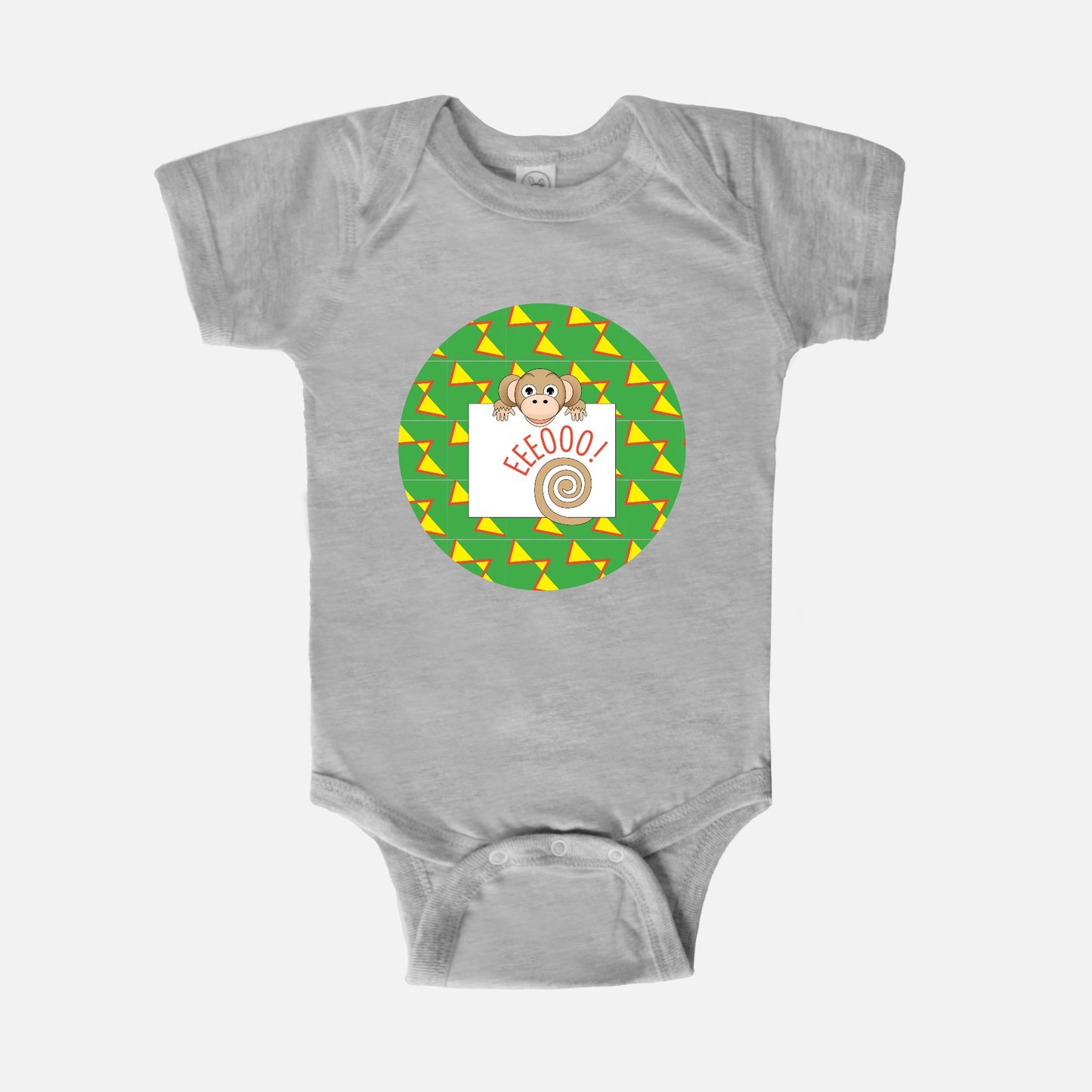 Jungle Animals Monkey Short-Sleeve Baby Bodysuit, Yellow Pattern